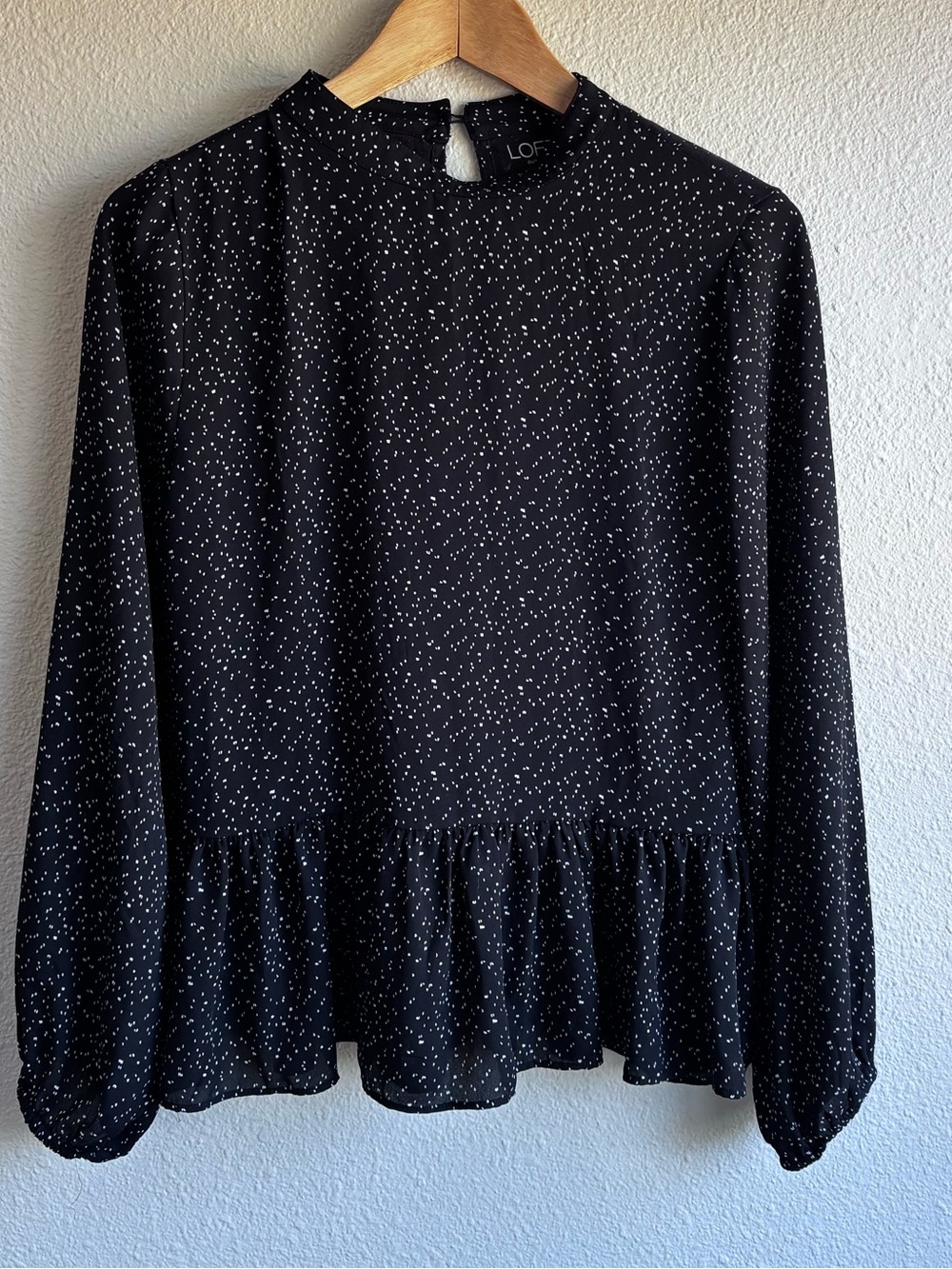 LOFT Black & White Dot Peplum Long-Sleeve Blouse